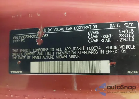 2012 Volvo C30 T5/T5 Platinum/T5 Premier Plus/T5 R-Design/T5 R-Design Platinum/T5 R-Design Premier Plus из США, поврежденный, VIN YV1672MK1C2281063